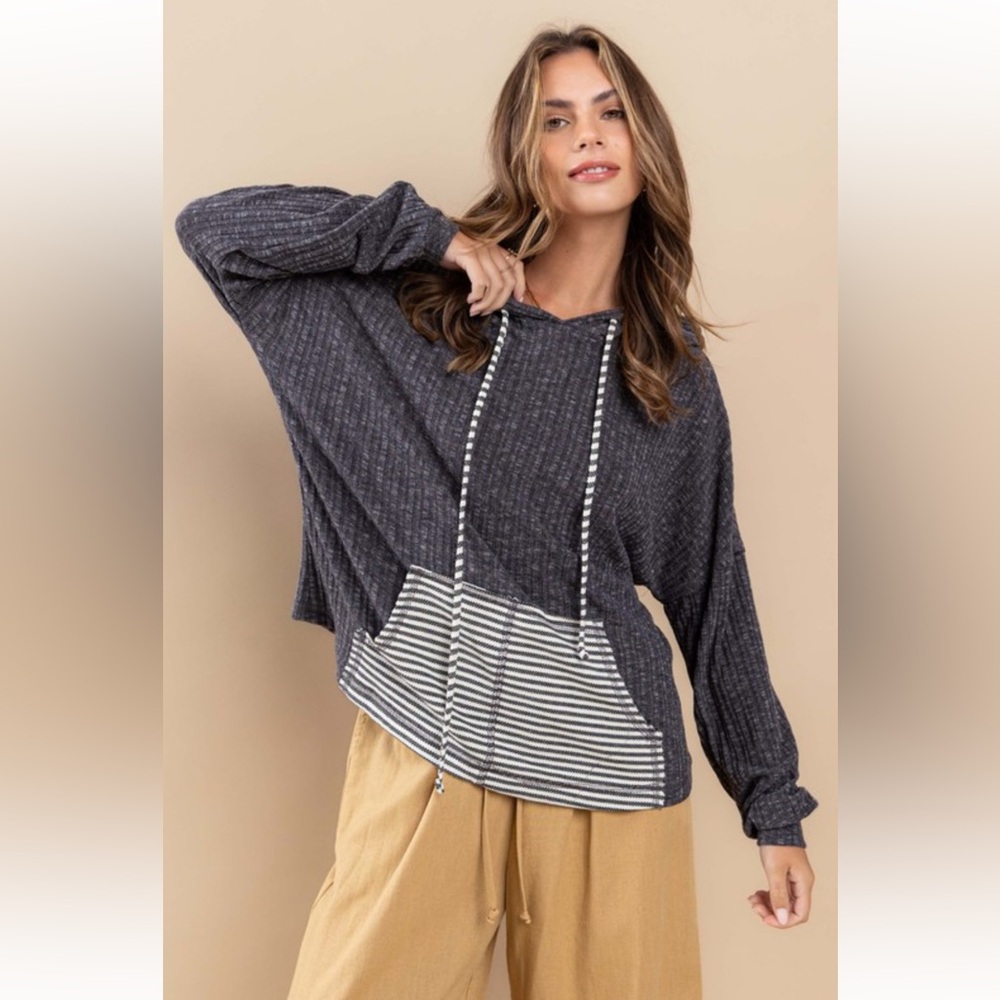 Boho Contrast Ribbed Knit Sweatshirt with Hoodie